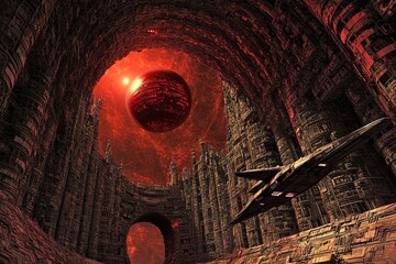 Wall Mural - a spaceship is flying inside the red circular tunnel of an alien city. the buildings have complex pa