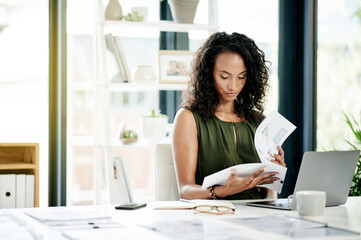 Poster - Business, laptop and woman at desk, documents and financial advisor in modern office. Person, tax consultant and employee in workplace, paperwork and pc with graphs for income and review payments