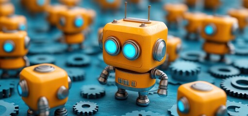 Adorable Army of Retro Robots: A 3D Render of Cute Yellow Bots Amidst Gears