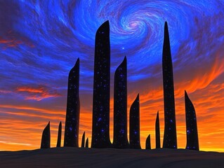 Wall Mural - Dark, spire-like structures emerge from a vibrant, swirling sunset.