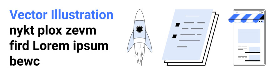 Rocket launch, stacked documents, and an online storefront interface. Ideal for innovation, startup, productivity, digital marketing, e-commerce, web development simple landing page