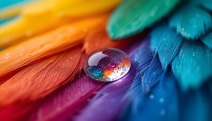 Aufkleber - Water Drop Jewel, Nature's Art. Feather Details Magnified, Reflecting Light. Vivid Colors Captured. A Moment Of Beauty, Perfect Imperfection.