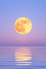 Wall Mural - Large, golden full moon hangs low over calm, pastel-hued ocean