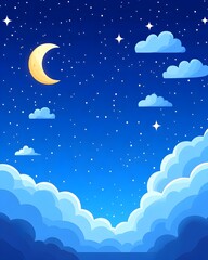 Wall Mural - Serene night sky with crescent moon, stars, and fluffy clouds