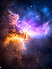 Wall Mural - Vibrant nebula swirls in cosmic dust and gas, showcasing a spectrum of purple, blue, orange, and gold hues against a backdrop of countless stars