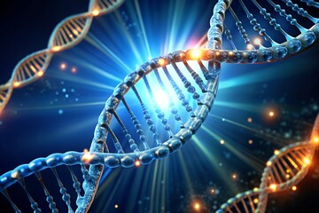 Wall Mural - Glowing DNA helix on blue light rays dark background genetic science concept