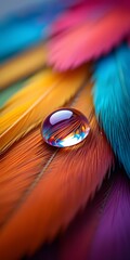 Poster - Water Drop On Feathers Reflecting Light A Beautiful Natural Phenomenon. Colorful Plumage Detail Captured In A Single Perfect Droplet. A Moment Of Wonder And Intricate Beauty. Nature's Art Displayed.