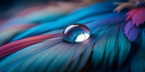 Poster - Water Droplet Close-up, A Perfect Sphere Rests On Vibrant Feathers. Nature's Detail, An Amazing Reflective Surface, Showcasing Colorful Patterns. Beautiful, Delicate, Capturing The Essence Of Detail,