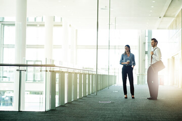 Poster - Business, people and talking in modern office in morning for company gossip, work break or friendly chat. Professional, employees or conversation at finance firm for networking or waiting for meeting