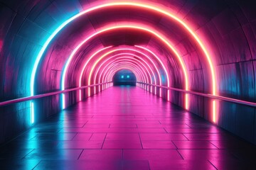 Wall Mural - futuristic neon tunnel with vibrant pink and blue lights creating a sci-fi atmosphere in a modern un