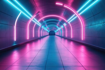 Wall Mural - futuristic neon tunnel with vibrant pink and blue lights creating a sci-fi atmosphere in a modern ur