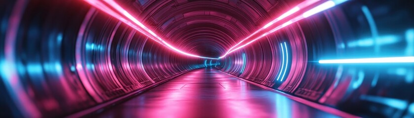 Wall Mural - futuristic neon tunnel with vibrant pink and blue lights creating a sci-fi atmosphere and endless pe