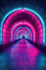 Wall Mural - futuristic neon tunnel with vibrant pink and blue lights creating a sci-fi atmosphere