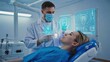 © Yuliia - Dentist examining patient with high-tech holographic tooth interface – advanced dental care, augmented reality diagnostics, and innovative digital tools in a modern medical treatment clinic setting.