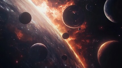 Fiery cosmic landscape with planets and nebula stunning space art red fire dark stars black light