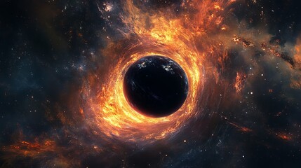 fiery cosmic nebula surrounding dark planet dramatic space scene art red sky fire glow stars black