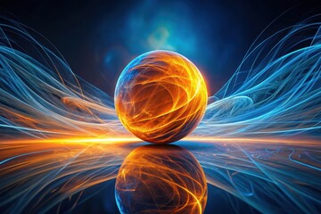 Wall Mural - abstract fiery orb amidst flowing energy streams reflecting on a dark surface