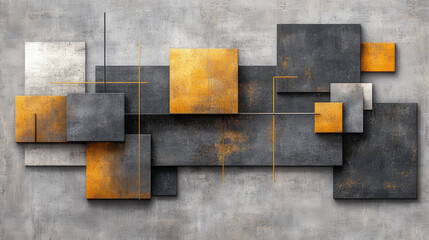 Poster - Contemporary abstract artwork featuring overlapping geometric shapes in gray, black, and orange tones, creating modern and dynamic visual effect