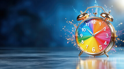 Poster - Vibrant alarm clock with colorful gradient face stands against dynamic blue background, creating lively and energetic atmosphere. clock golden frame adds touch of elegance