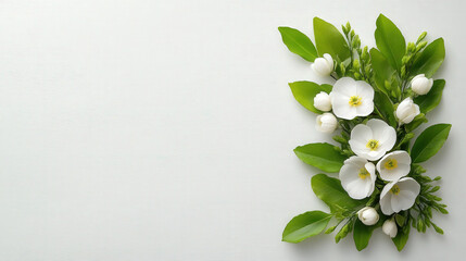 Poster - Minimalistic yet elegant arrangement of green leaves and white flowers on light background creates serene and fresh atmosphere