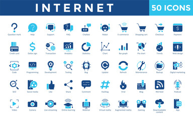 internet icons set with question mark, help, support, faq, chatbot, robot, e-commerce, shopping cart