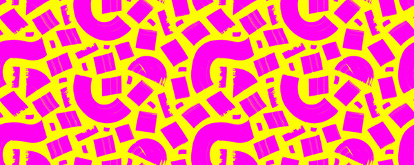 Poster - Neon colored seamless pattern with bold curved brush strokes and squares. Hand drawn vector abstract background. Childish bold doodle shapes seamless banner design. Chaotic brush scribbles texture.