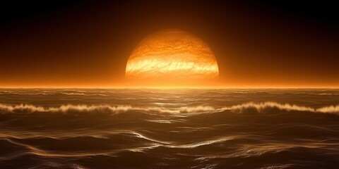 Wall Mural - A large orange sun is rising over the ocean. The sky is dark and the water is calm