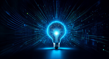 Poster - a radiant blue lightbulb with a thinking brain inside, surrounded by abstract data flow and energy, 