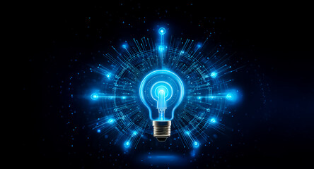 Wall Mural - a glowing blue light bulb represents innovation, surrounded by a radiating digital network of bright