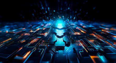 Wall Mural - abstract digital art depicting a glowing, futuristic circuit board with vibrant blue and orange ligh