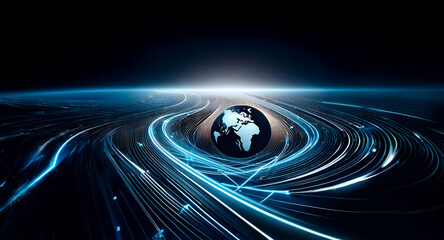 Wall Mural - a glowing earth rests at the center of swirling, luminous blue energy streams against a dark backdro