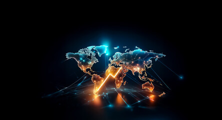Wall Mural - a glowing world map with an upward trending arrow, symbolizing global growth and economic progress. 