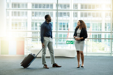 Poster - Airport, lobby and business people with suitcase meeting for conference, seminar and convention. Modern building, professional workers and man and woman in conversation for travel, journey and trip