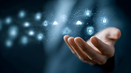 Wall Mural - a person's hand holding digital security icons.