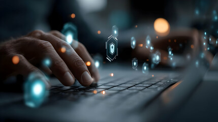 Wall Mural - close-up view of hands typing on a laptop with abstract security symbols.