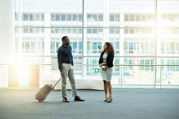 Poster - Office, lobby and business people with suitcase meeting for conference, seminar and convention. Modern building, professional workers and man and woman in conversation, discussion and networking