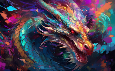 Wall Mural - abstract colorful fractal background of dragon on a black background