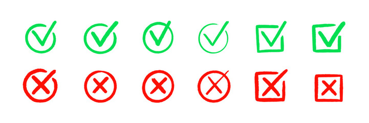 Aufkleber - Check the mark icon set. Hand drawn doodle checklist correct, cross, ok vote sign element. Hand drawn brush stroke check mark with box, circle symbol icon set. Vector illustration