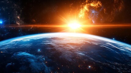 Wall Mural - stunning earth sunrise space view dramatic orange blue planet sky day dark stars night light power