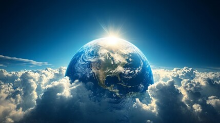 Wall Mural - stunning earthrise view above fluffy white clouds bright sunrise sky blue rays space world light