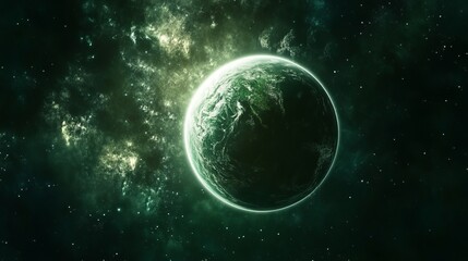 Wall Mural - mysterious green planet in a dark nebula space background art sky stars night world earth alien ligh