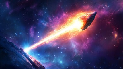 fiery asteroid impacting planet dramatic space scene cosmic collision nebula art red fire blue dark