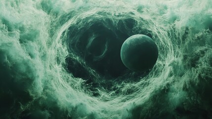Wall Mural - mysterious green nebula cosmic scene with distant planet art dark deep space image photo galaxy