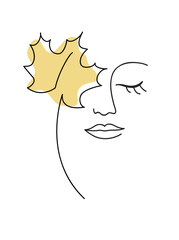 Aufkleber - One line drawing. Abstract beautiful girl with autumn yellow maple leaf. Female beauty icon. Natural cosmetics concept. Vector stock illustration.