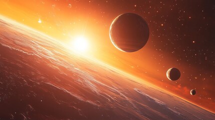 Wall Mural - stunning orange sunset over alien planet with three moons in space red sky art dark stars world sola