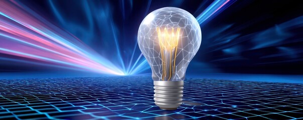 Wall Mural - innovation concept: lightbulb with glowing idea and futuristic background. business strategy, digita