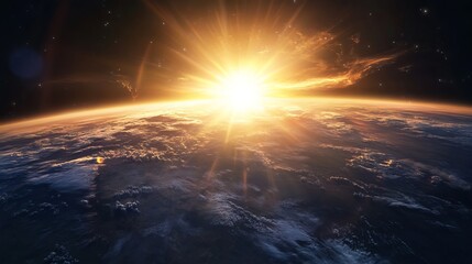 Wall Mural - stunning sunrise over earth planet dramatic space view golden rays cloudscape sky blue dark light