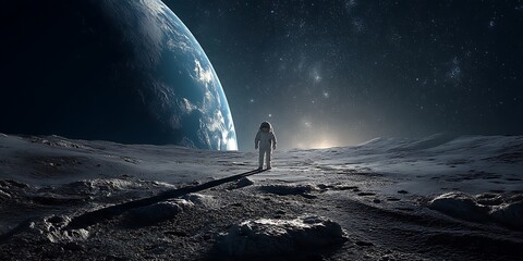 Wall Mural - Astronaut standing on the moon, gazing at Earth in the distance under a starry sky