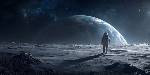 Wall Mural - Astronaut standing on the moon, gazing at Earth in the distance under a starry sky