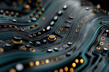 Sticker - a close up of a circuit board with many small gold and silver dots. digital background concept.